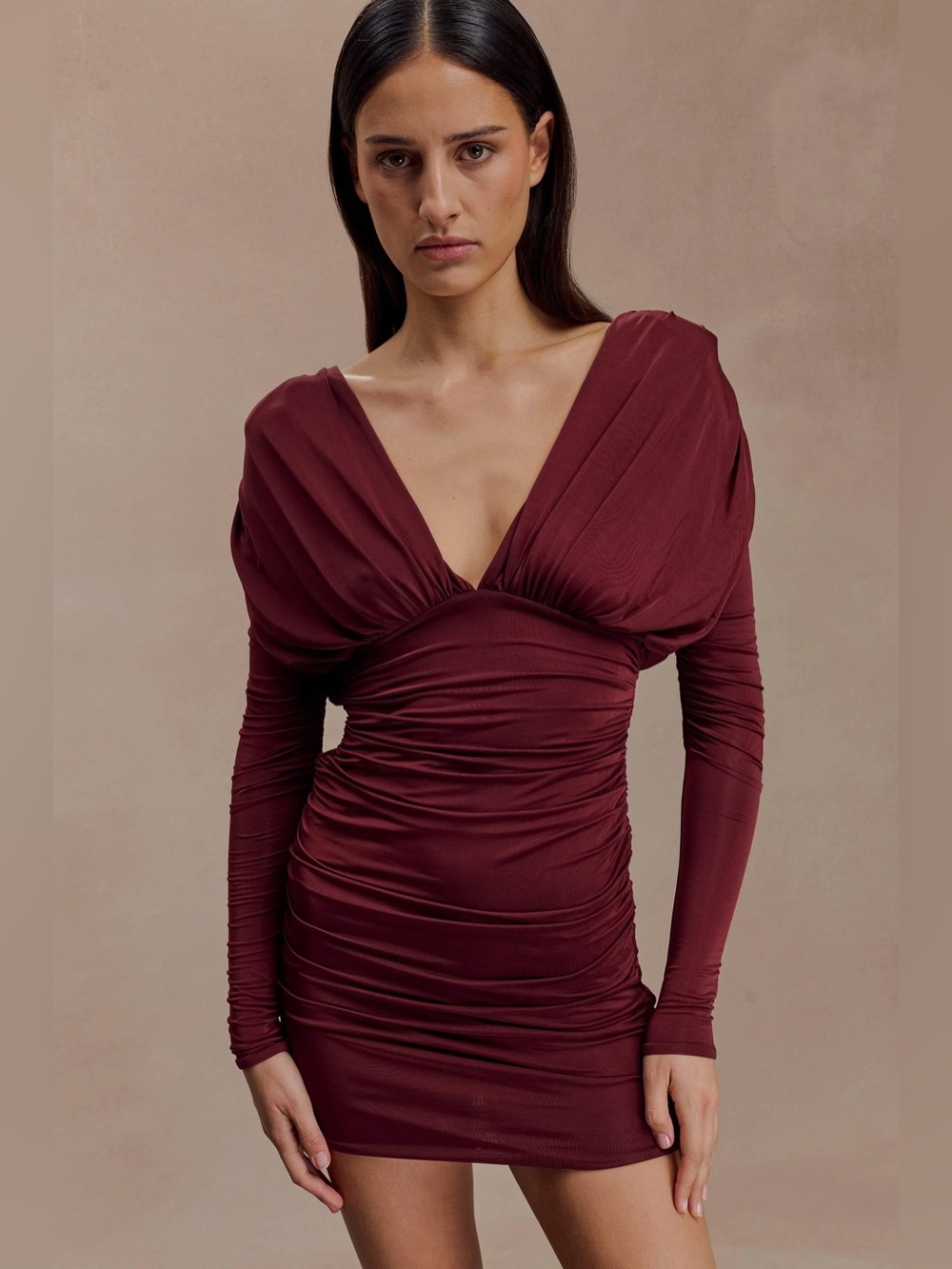NWT Meshki Deep V Ruched Long-Sleeve Mini Dress in Burgundy XXS 00 lk Helsa